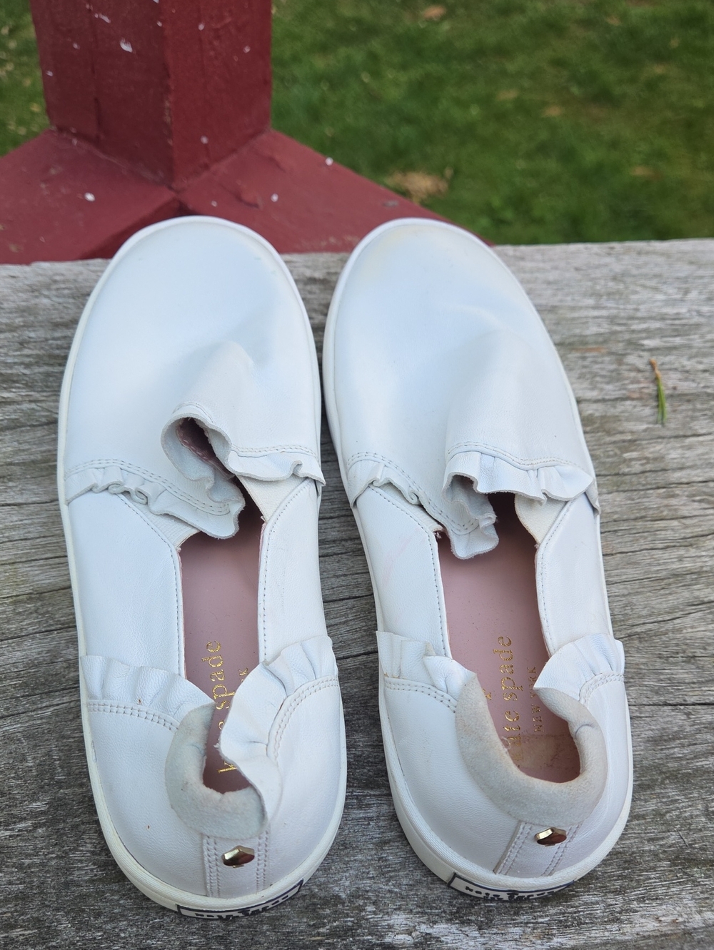 kate spade Lillie White Leather Slip-On Flats with Ruffle Trim - Picture 2 of 10